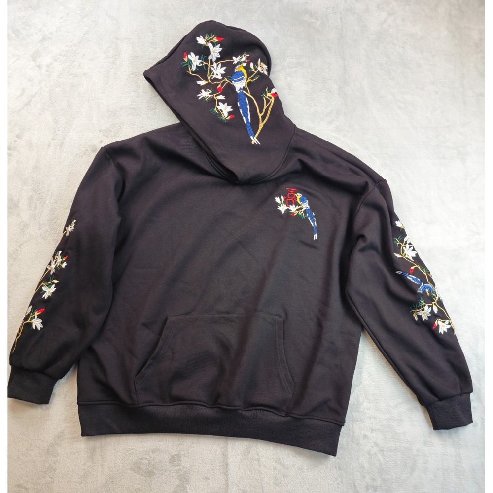 Niepce Birds Flowers Embroidered Black Hoodie Japanese Streetwear Sweatshirt XL